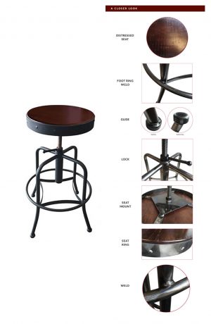 Featuring a distressed seat, foot ring weld, glides, lock, seat mount, seat ring, and welded frame.