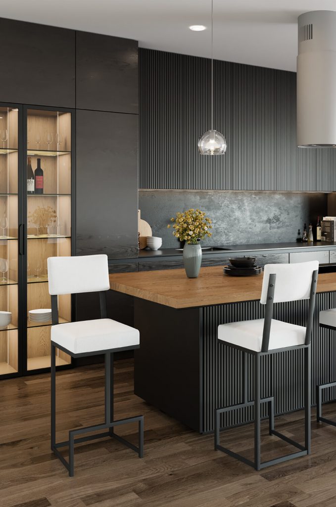 Wesley Allen's Dumas Modern Black and White Bar Stools in Black Modern Kitchen