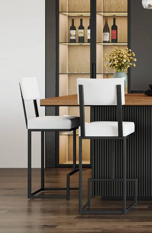 Wesley Allen's Dumas Modern Black and White Bar Stools in Black Modern Kitchen - Side View