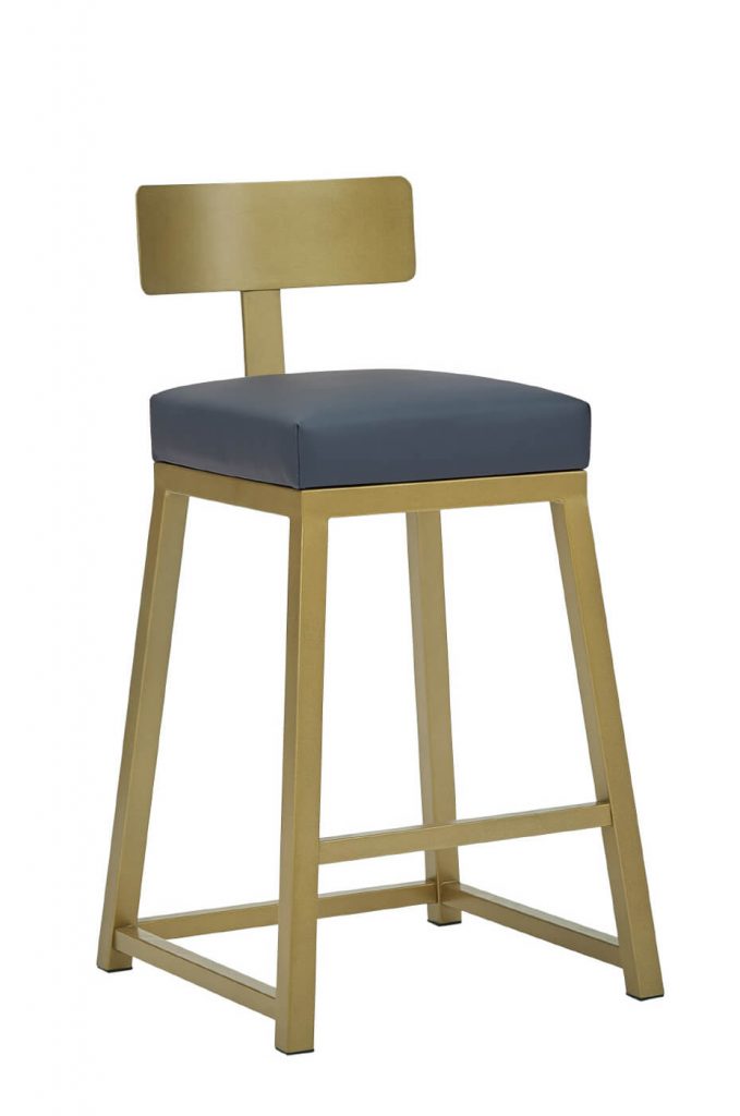 Wesley Allen's Pismo Modern Gold Bar Stool with Low Back and Blue Vinyl Cushion