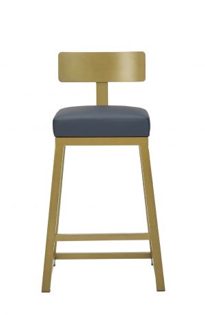 Wesley Allen's Pismo Modern Gold Bar Stool with Low Back and Blue Vinyl Cushion - Front View