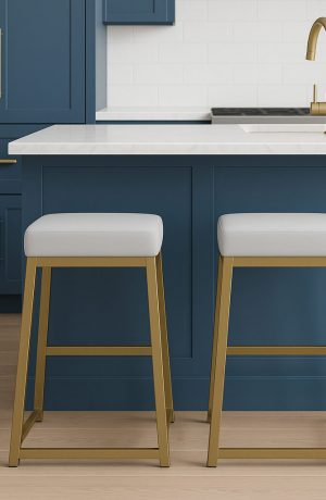 Wesley Allen's Riverton Modern Backless Bar Stools with Sled Base in Gold and White - In Modern Blue Kitchen