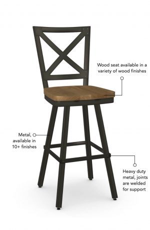 Wood seat is available in a variety of wood finishes and the metal has joints that are welded for support. This bar stool is custom made for you!