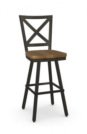 Amisco's Kent Industrial Swivel Bar Stool with Wood Seat and Cross Back Design