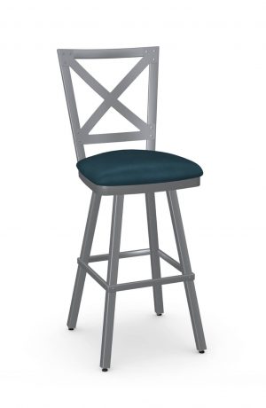 Amisco's Kent Swivel Silver Bar Stool with Cross Back Design and Blue Seat Cushion