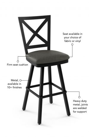 Seat cushion is available in fabric or vinyl and the metal is welded at the joints for support. This bar stool is custom made for you!