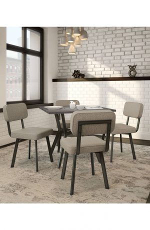 Amisco's Brixton Dining Chairs in Transitional Dining Room with White Brick Wall, Lighting, Window, and Rug