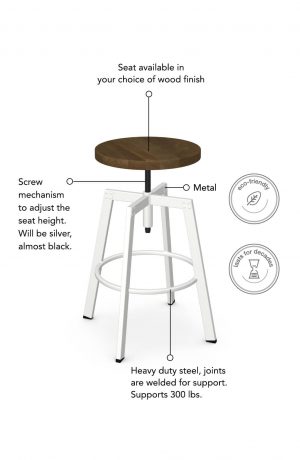 The Amisco Architect backless screw stool features a wood seat, screw mechanism, and heavy duty steel joints