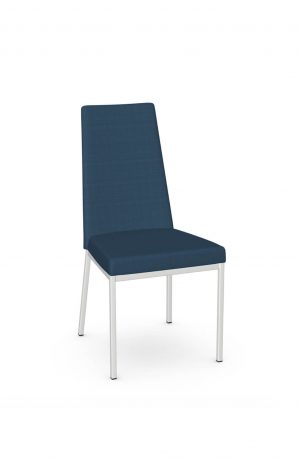Amisco's Linea Modern High Back Dining Chair in White Metal and Blue Seat Back Cushion