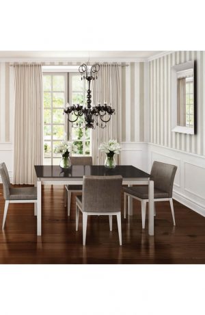 Amisco's Pablo Modern Dining Chairs in Dining Room with Chandelier, Hardwood Flooring, Patterned Wallpaper