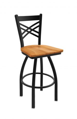 Holland Bar Stool's Catalina #820 Swivel Barstool with Back, in Black metal finish and Medium Maple wood seat finish