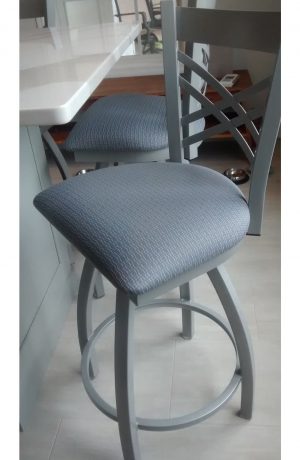 Holland's Catalina Swivel Counter Bar Stool with Back in Nickel Metal Finish and Charcoal Seat Cushion - Shown in Modern Kitchen