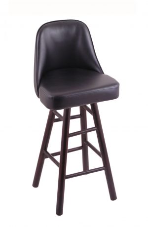 Holland's Grizzly Hardwood Upholstered Swivel Bar Stool in Dark Cherry, Maple wood finish, and Black vinyl seat and back