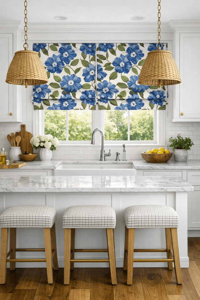 Large window treatments with bar stools