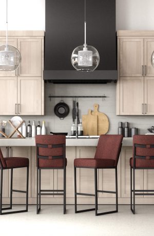 Wesley Allen's Marbury Red and Black Bar Stools in Modern Kitchen
