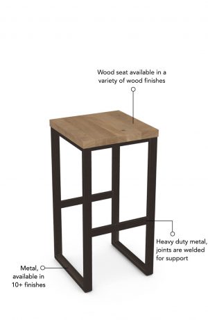 Wood seat is available in a variety of wood finishes and the metal has joints that are welded for support. This bar stool is custom made for you!