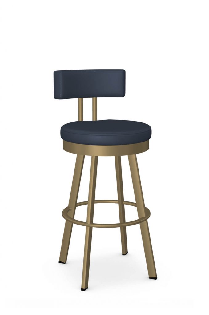 Amisco's Barry Gold Swivel Bar Stool with JM Oceanic Blue Vinyl Seat and Back Cushion