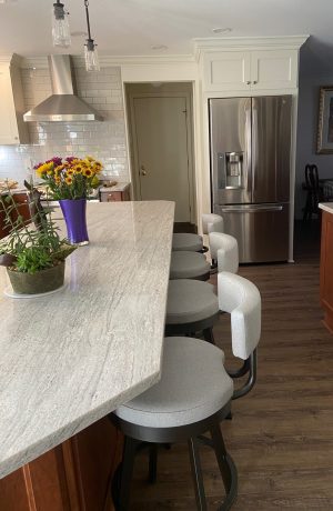 Amisco's Barry Swivel Counter Stools in Modern White Brown Kitchen