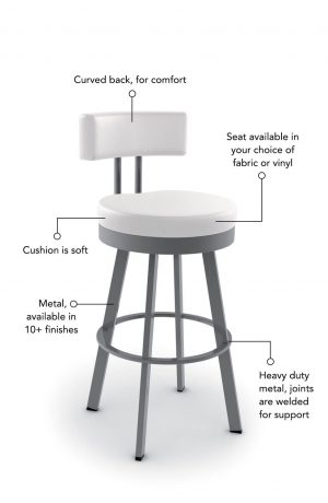 Soft seat cushion is available in fabric or vinyl, and the metal is welded at the joints for support. This bar stool is custom made for you!
