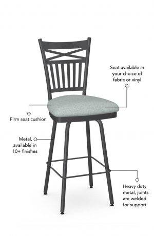 Seat cushion is available in fabric or vinyl, and the metal is welded at the joints for support. This bar stool is custom made for you!
