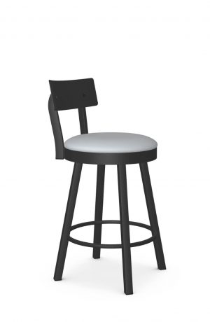 Amisco's Lauren Modern Black Swivel Bar Stool with Back and Blue Seat Cushion