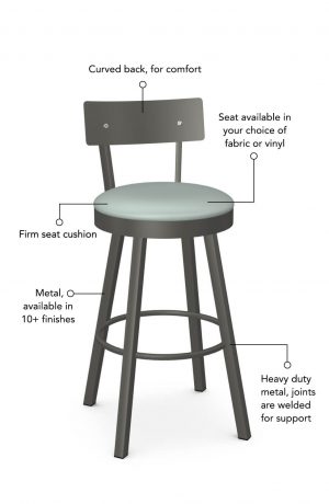Seat cushion is available in fabric or vinyl and the metal is welded at the joints for support. This bar stool is custom made for you!