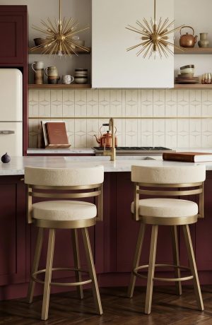 Amisco's Ronny Gold Swivel Counter Stools in Burgundy Kitchen