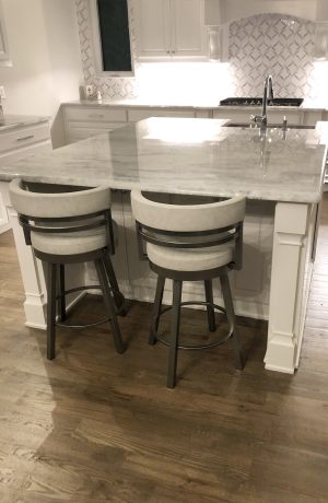 Amisco's Ronny Swivel Counter Stools in Silver and Gray - In Transitional Modern White Kitchen
