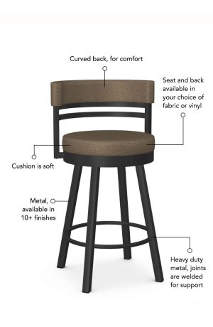 Soft seat and back cushion is available in fabric or vinyl and the metal is welded at the joints for support. This bar stool is custom made for you!
