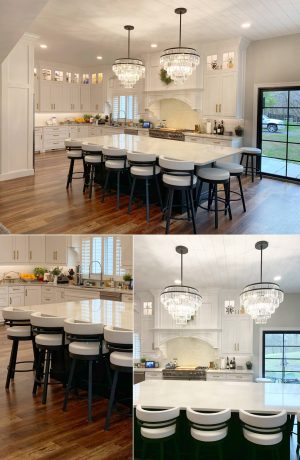 Amisco's Ronny Swivel Counter Stools in Black Metal and White Cushion in Large Transitional White Kitchen