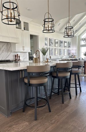 Amisco's Ronny Black Swivel Bar Stool in Brown in Customer's Modern Kitchen