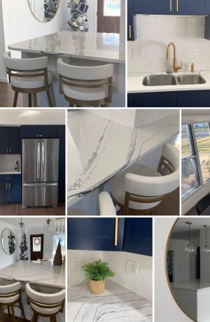 Amisco's Ronny Gold Bar Stools in Gold, Blue, and White Modern Kitchen