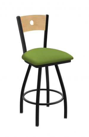 Holland's #830 Voltaire XL Big and Tall Barstool with Back - In Black Metal Finish, Natural Maple Wood Back, and Green Seat Cushion