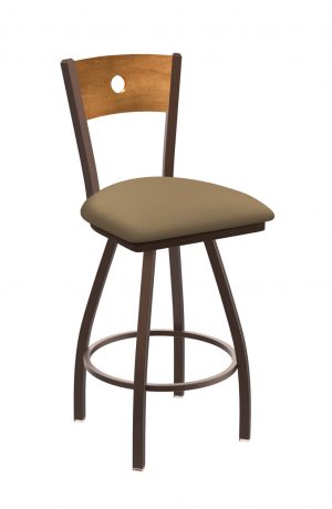 Holland's #830 Voltaire XL Big and Tall Barstool with Back - In Bronze Metal Finish, Medium Maple Wood Back, and Brown Seat Cushion