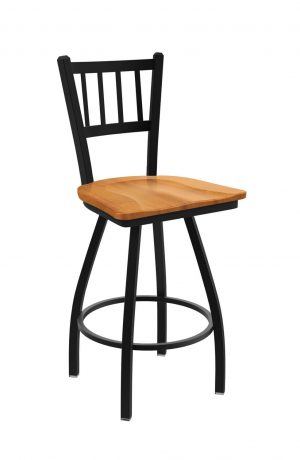 Holland's Contessa Big and Tall Swivel Bar Stool with Vertical Slats on Back in Black Metal Finish and Medium Maple wood seat finish