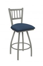 Holland's Contessa Big and Tall Swivel Bar Stool with Vertical Slats on Back in Anodized Nickel Metal Finish and Rein Bay Blue vinyl seat cushion