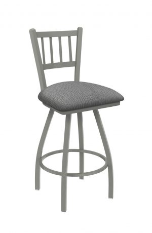 Holland's Contessa Big and Tall Swivel Bar Stool with Vertical Slats on Back in Anodized Nickel Metal Finish and Graph Alpine gray seat cushion