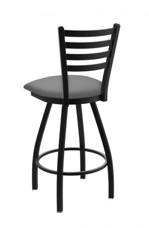 Holland's Jackie Big and Tall Swivel Bar Stool with Horizontal Slats on Back in Black Metal Finish and Gray vinyl seat cushion