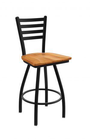 Holland's Jackie Big and Tall Swivel Bar Stool with Horizontal Slats on Back in Black Metal Finish and Medium Maple wood seat finish