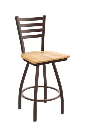 Holland's Jackie Big and Tall Swivel Bar Stool with Horizontal Slats on Back in Bronze Metal Finish and Natural Maple wood seat finish