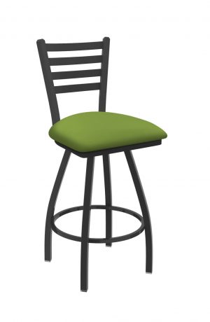 Holland's Jackie Big and Tall Swivel Bar Stool with Horizontal Slats on Back in Pewter Metal Finish and Canter Kiwi Green vinyl seat cushion