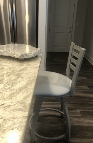 Metal Finish: Anodized Nickel • Seat Cushion: Canter Folkstone Grey, vinyl grade 1 • 26″