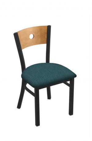 Holland Voltaire #630 Dining Chair in Black Metal Finish, Medium Maple Wood Back, and Teal Seat Cushion