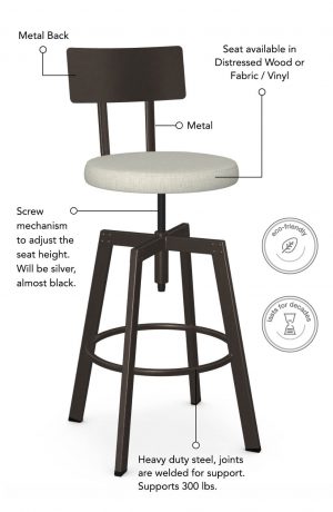 The Amisco Architect screw stool features a metal back, seat cushion, screw mechanism, and heavy duty steel joints