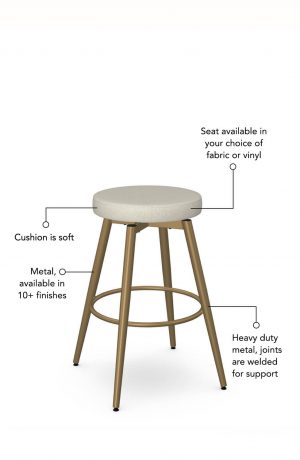 Soft seat cushion is available in fabric or vinyl and the metal is welded at the joints for support. This bar stool is custom made for you!