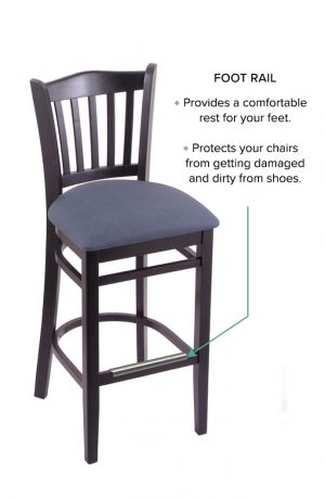 Holland's #3120 Hampton Black Wood Stool with Blue Seat Cushion, Backrest and Chrome Foot Rail