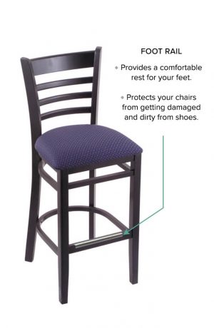 3140 Hampton Black Wood Stool with Ladder Back, Seat Cushion Axis Denim, and Foot Rail in Chrome