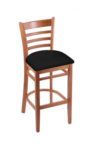 Holland's Hampton #3140 Barstool with Back in Medium Wood and Black Seat Cushion