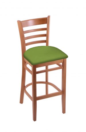 Holland's Hampton #3140 Barstool with Back in Medium Wood and Green Seat Cushion