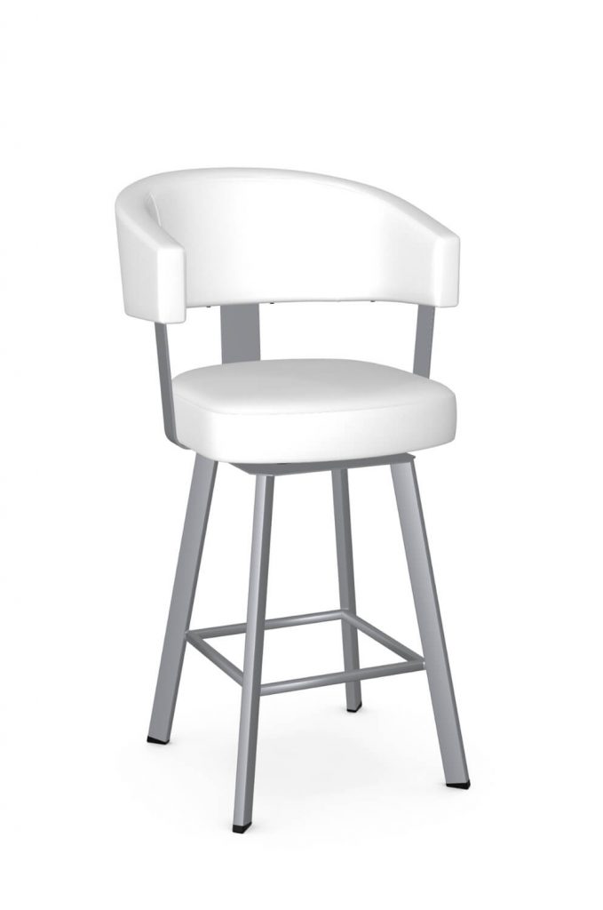 Amisco's Grissom Silver Swivel Bar Stool with Back in White Vinyl